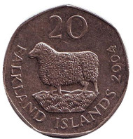 Монета 20 пенсов. 2004 год, Фолклендские острова. Овца "Ромни-марш". Монета 20 пенсов. 2004 год, Фолклендские острова. Овца "Ромни-марш".