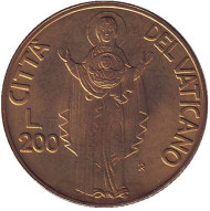 Монета 200 лир. 1990 год, Ватикан. Пресвятая Дева. Монета 200 лир. 1990 год, Ватикан. Пресвятая Дева.