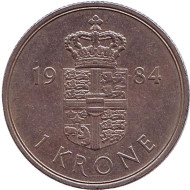 Монета 1 крона. 1984 год, Дания. Монета 1 крона. 1984 год, Дания.