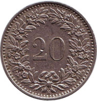 Монета 20 раппенов. 1956 год, Швейцария. Монета 20 раппенов. 1956 год, Швейцария.