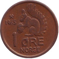 Монета 1 эре. 1965 год, Норвегия. Белка. Монета 1 эре. 1965 год, Норвегия. Белка.