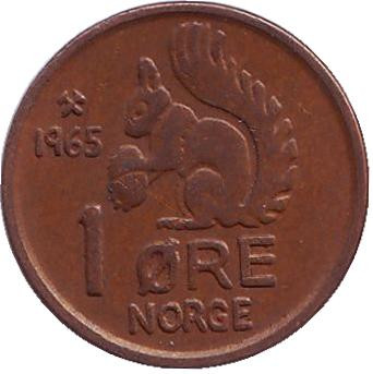Монета 1 эре. 1965 год, Норвегия. Белка.
