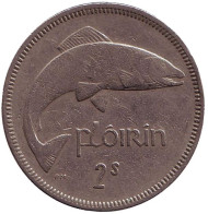 Монета 2 шиллинга (1 флорин). 1965 год, Ирландия. Лосось.