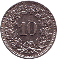 Монета 10 раппенов. 1938 год, Швейцария. Монета 10 раппенов. 1938 год, Швейцария.