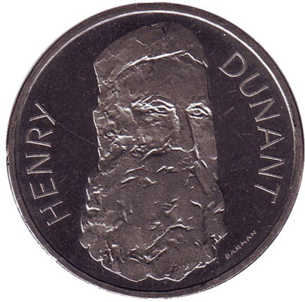 Монета 5 франков. 1978 год, Швейцария. 150 лет со дня рождения Анри Дюнана.