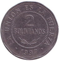 Монета 2 боливиано. 1997 год, Боливия. Монета 2 боливиано. 1997 год, Боливия.