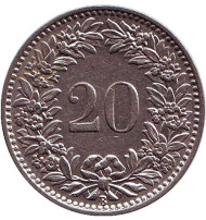 Монета 20 раппенов. 1930 год, Швейцария. Монета 20 раппенов. 1930 год, Швейцария.