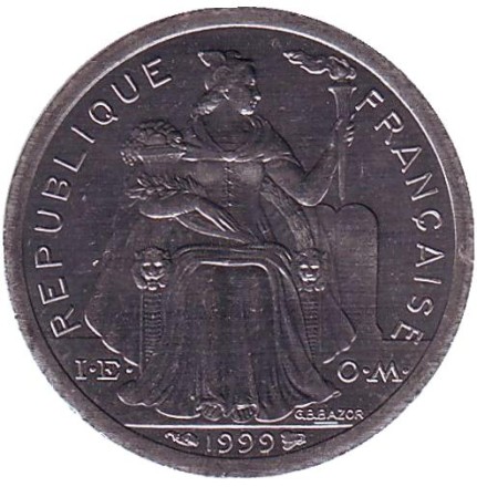 Монета 1 франк. 1999 год, Новая Каледония. Птица кагу. Монета 1 франк. 1999 год, Новая Каледония. Птица кагу.