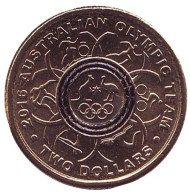 Монета 2 доллара. 2016 год, Австралия. XXXI летние Олимпийские Игры. Рио-де-Жанейро 2016. Чёрное кольцо.