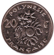 Монета 20 франков. 1997 год, Французская Полинезия. Плод хлебного дерева, стручки ванили.