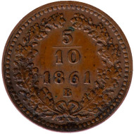 Монета 5/10 крейцера. 1861 год (В), Австро-Венгерская империя. Австрийский тип. Монета 5/10 крейцера. 1861 год (В), Австро-Венгерская империя. Австрийский тип.