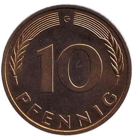 Монета 10 пфеннигов. 1980 год (G), ФРГ. UNC. Дубовые листья.