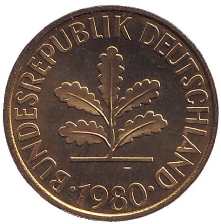Монета 10 пфеннигов. 1980 год (G), ФРГ. Дубовые листья.