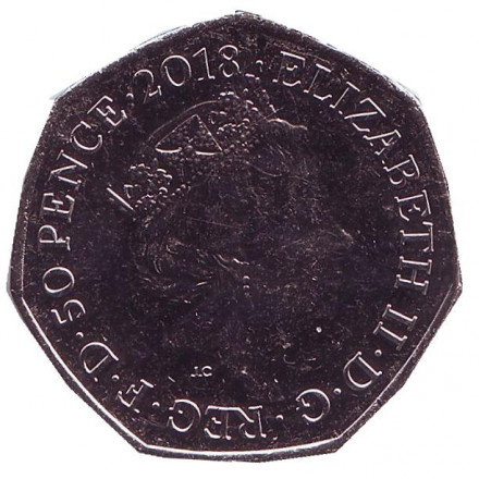 Монета 50 пенсов. 2018 год, Великобритания. 60 лет Медвежонку Паддингтону. (На вокзале).