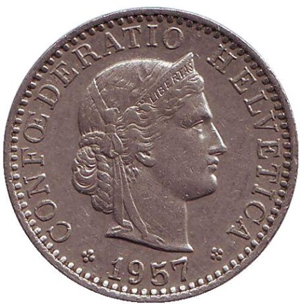 Монета 20 раппенов. 1957 год, Швейцария. Монета 20 раппенов. 1957 год, Швейцария.