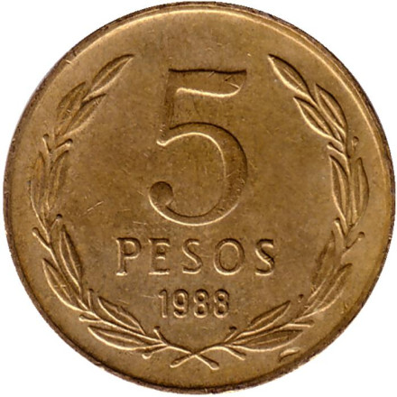 Монета 5 песо. 1988 год, Чили.
