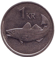 Монета 1 крона. 1994 год, Исландия. Треска. Монета 1 крона. 1994 год, Исландия. Треска.