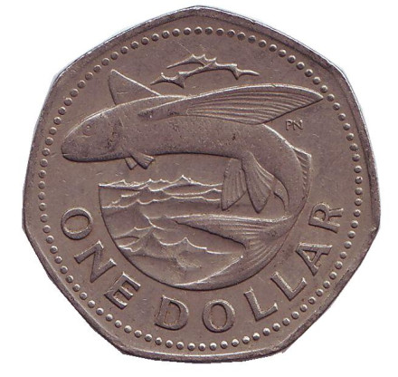 Монета 1 доллар. 1973 год, Барбадос. Летучая рыба.