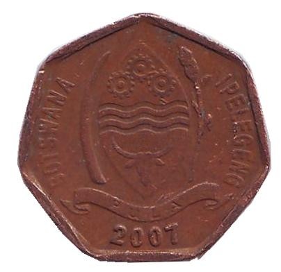 Монета 5 тхебе. 2007 год, Ботсвана. Птица-носорог.