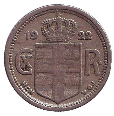 Монета 25 аураров. 1922 год, Исландия. Монета 25 аураров. 1922 год, Исландия.