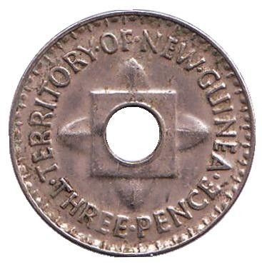 Монета 3 пенса. 1944 год, Новая Гвинея. Монета 3 пенса. 1944 год, Новая Гвинея.