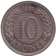 Монета 10 крон. 1987 год, Дания. Монета 10 крон. 1987 год, Дания.