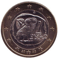 Монета 1 евро. 2002 год, Греция. (Без отметки монетного двора) Сова. Монета 1 евро. 2002 год, Греция. (Без отметки монетного двора) Сова.