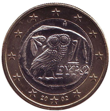Монета 1 евро. 2002 год, Греция. (Без отметки монетного двора) Сова.