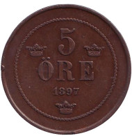 Монета 5 эре. 1897 год, Швеция. Монета 5 эре. 1897 год, Швеция.