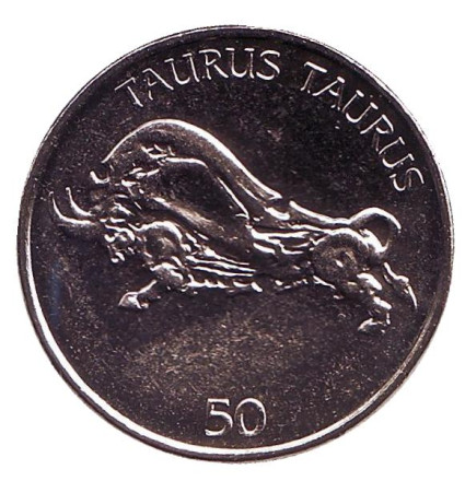 Монета 50 толаров. 2004 год, Словения. UNC. Бык.