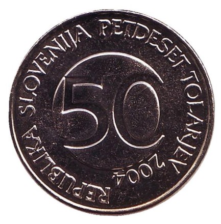 Монета 50 толаров. 2004 год, Словения. UNC. Бык. Монета 50 толаров. 2004 год, Словения. UNC. Бык.