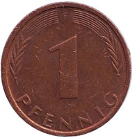 Монета 1 пфенниг. 1974 год (F), ФРГ. Дубовые листья. Монета 1 пфенниг. 1974 год (F), ФРГ. Дубовые листья.