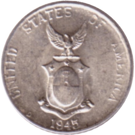 Монета 10 сентаво. 1945 год, Филиппины. (Администрация США). Монета 10 сентаво. 1945 год, Филиппины. (Администрация США).