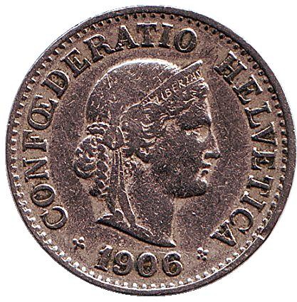 Монета 10 раппенов. 1906 год, Швейцария. Монета 10 раппенов. 1906 год, Швейцария.
