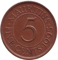 Монета 5 центов, 1995 год, Маврикий. Монета 5 центов, 1995 год, Маврикий.