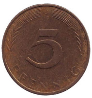 Монета 5 пфеннигов. 1973 год (J), ФРГ. Дубовые листья. Монета 5 пфеннигов. 1973 год (J), ФРГ. Дубовые листья.