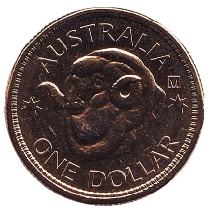 Монета 1 доллар. 2011 год, Австралия. (Отметка: "M") Голова барана Меринос. Австралийская шерсть.
