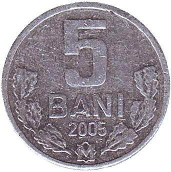 Монета 5 бани. 2005 год, Молдавия.
