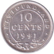 Монета 10 центов. 1941 год, Ньюфаундленд. (Канада).