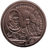 Монета 1 песо. 1989 год, Куба. Александр фон Гумбольдт. Монета 1 песо. 1989 год, Куба. Александр фон Гумбольдт.