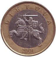 Монета 2 лита. 2001 год, Литва. Из обращения. Рыцарь. Монета 2 лита. 2001 год, Литва. Из обращения. Рыцарь.