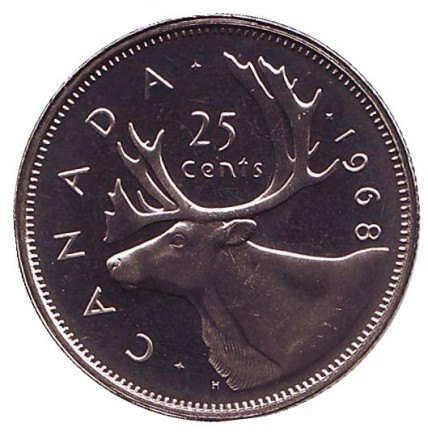 Монета 25 центов. 1968 год, Канада. UNC. (Магнитная). Канадский олень (Карибу).