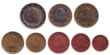 Набор монет евро (8 штук). 2011-2013 гг, Бельгия.