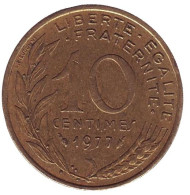 Монета 10 сантимов. 1977 год, Франция. Монета 10 сантимов. 1977 год, Франция.