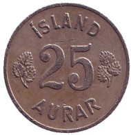 Монета 25 аураров. 1951 год, Исландия.