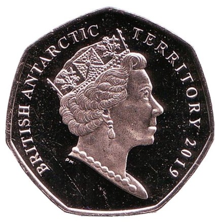 Монета 50 пенсов. 2019 год, Британская антарктическая территория. Императорский пингвин.