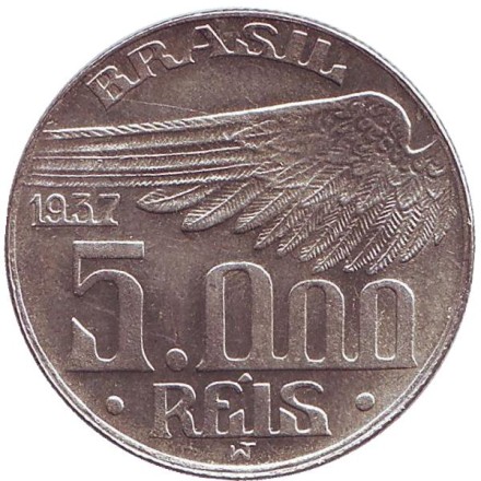 Монета 5000 рейсов. 1937 год, Бразилия. Альберто Сан­тос-Дю­мон.