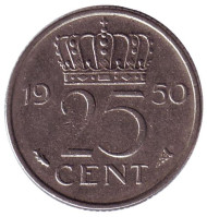 Монета 25 центов. 1950 год, Нидерланды. Монета 25 центов. 1950 год, Нидерланды.