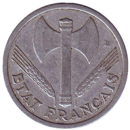 Монета 1 франк. 1944 год, Франция. Travail Famille Patrie. Без литер.