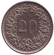Монета 20 раппенов. 1965 год, Швейцария. Монета 20 раппенов. 1965 год, Швейцария.